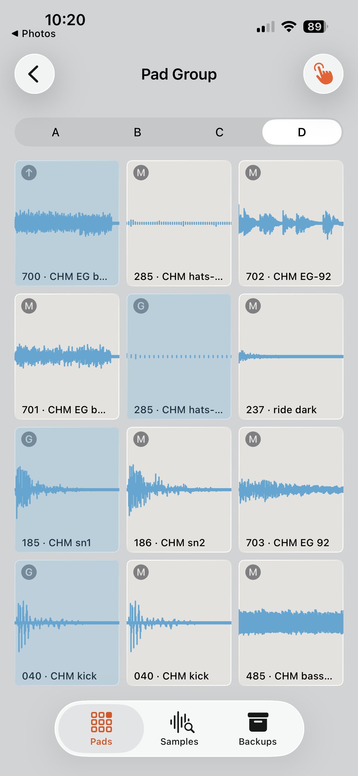 A pad group laid out as a grid of waveforms across banks A, B, C, and D