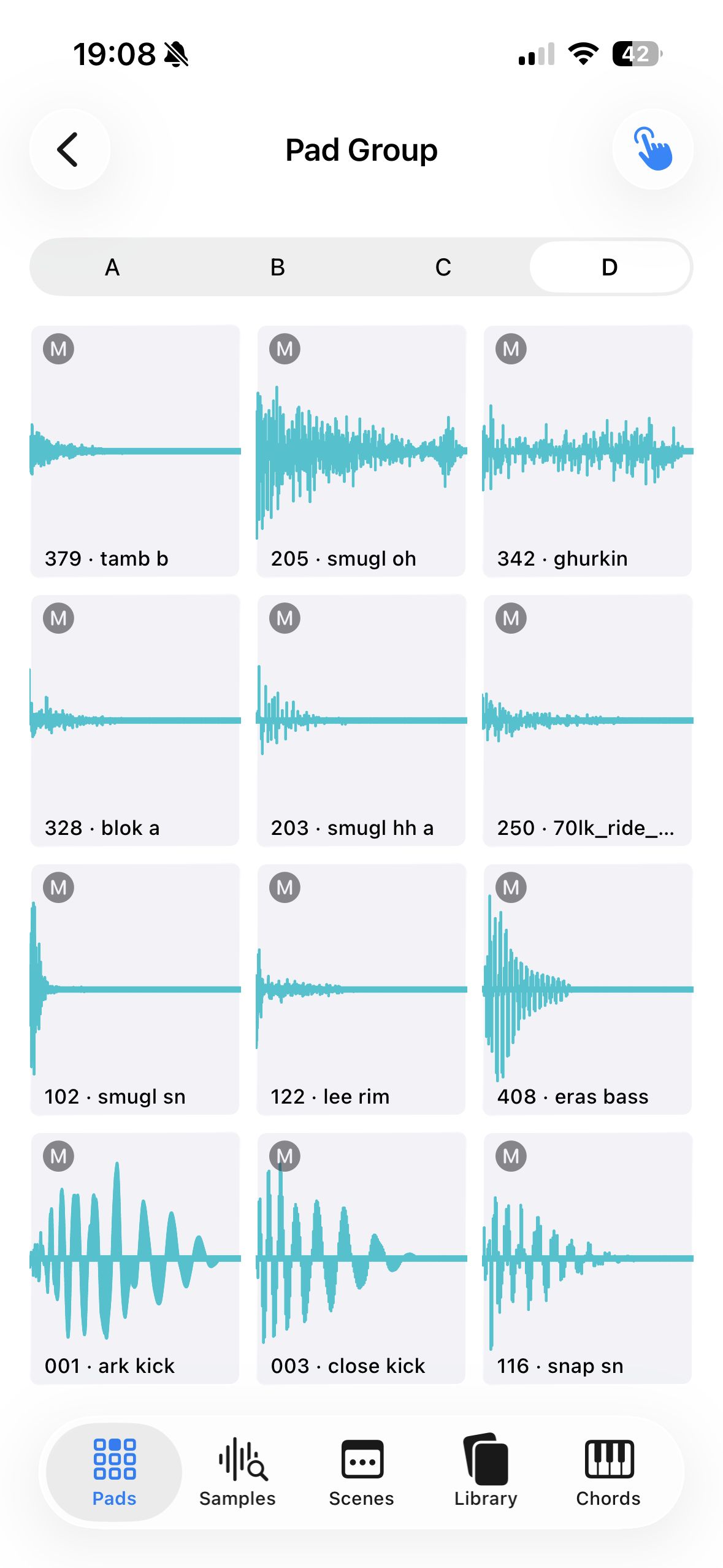 A pad group laid out as a grid of waveforms across banks A, B, C, and D
