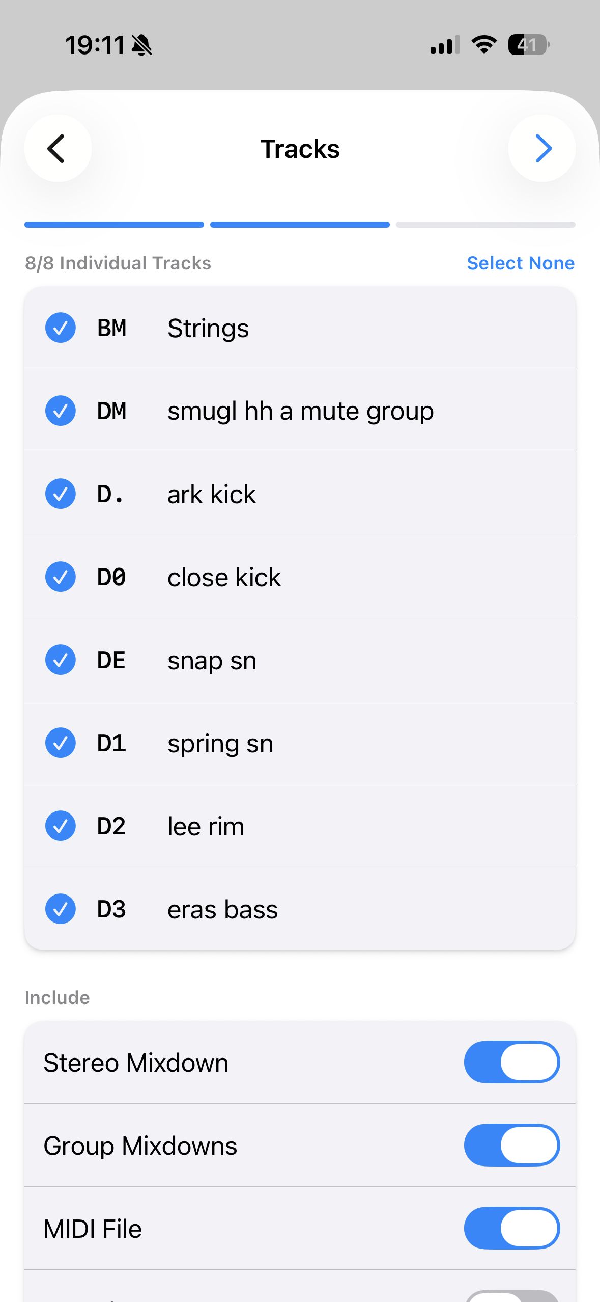 A bounce being set up with all eight tracks selected and stereo mixdown, group mixdowns, and MIDI file toggled on