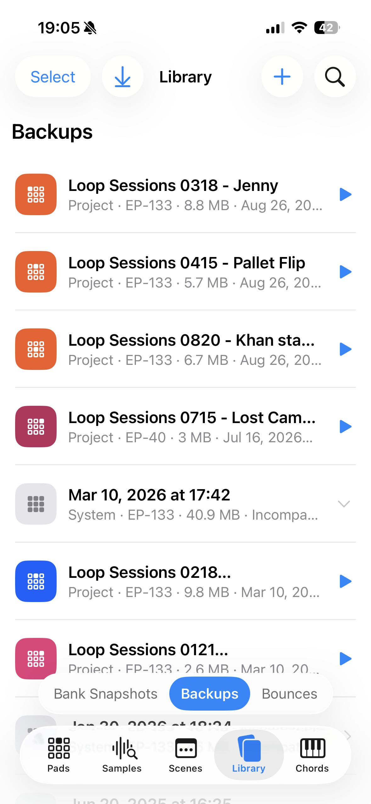 The Library listing dated project and system backups, with tabs for Bank Snapshots, Backups, and Bounces