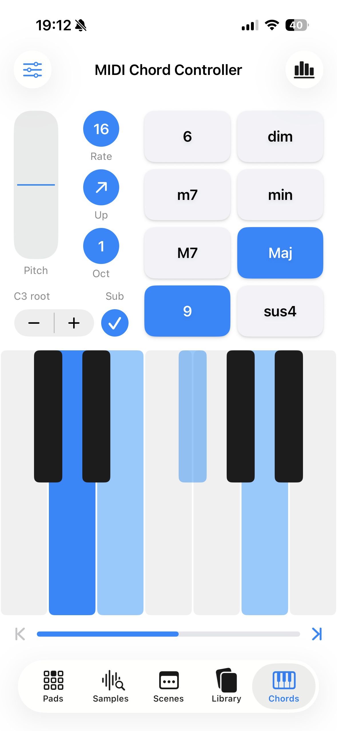 The MIDI chord controller with a major 9th selected, the arpeggiator rate set, and a chord held on the keyboard