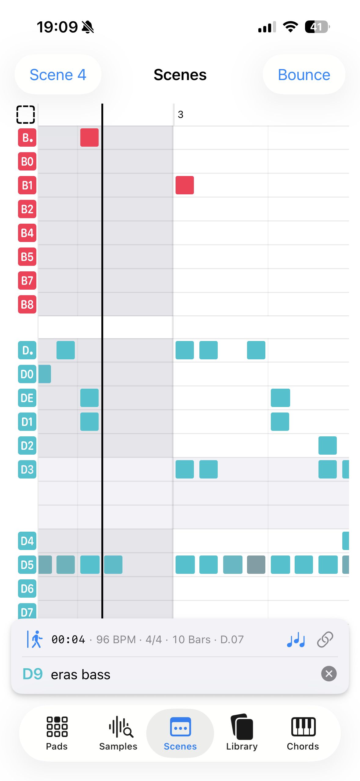 A Scene timeline showing sequenced notes across every bank, with the playhead partway through the bars