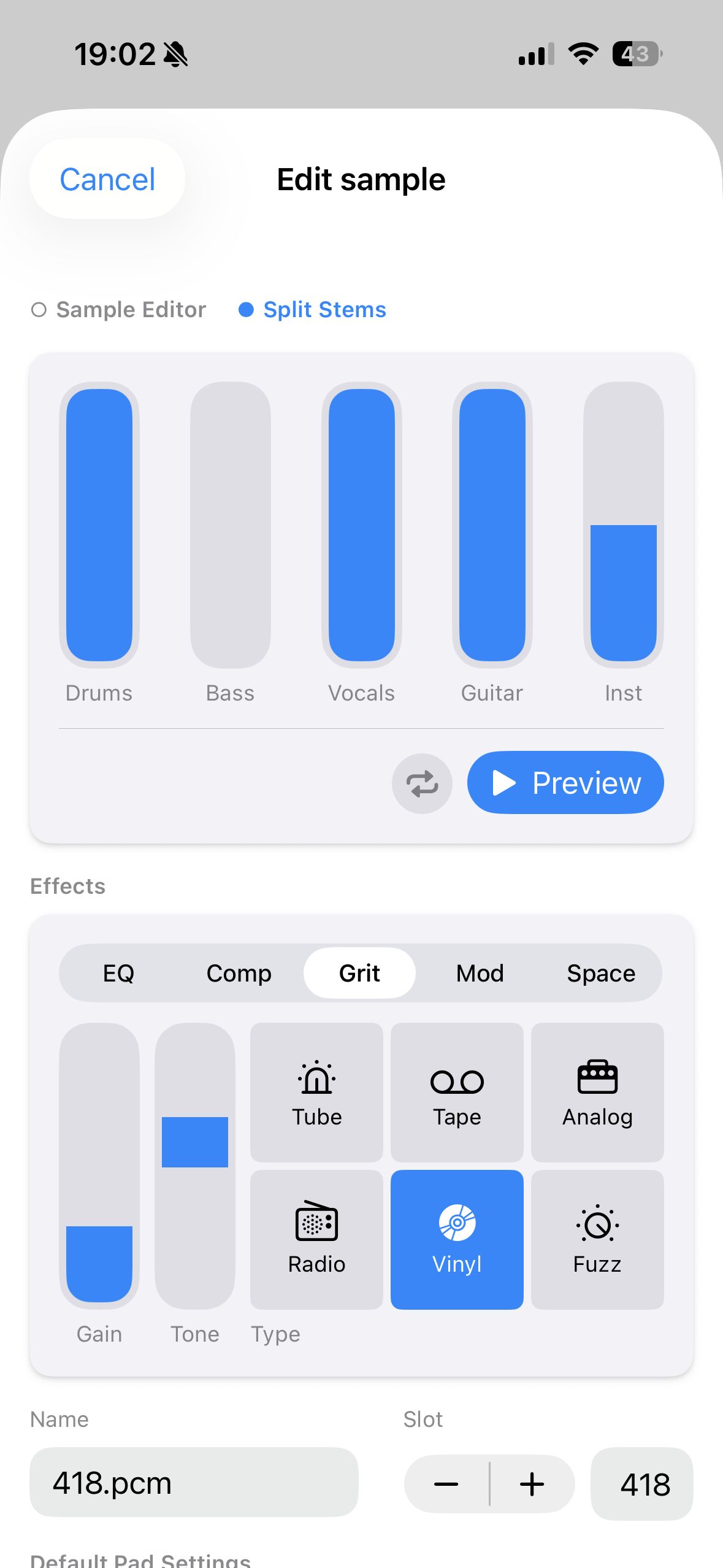 A sample split into drums, bass, vocals, guitar, and instrument faders with bass muted